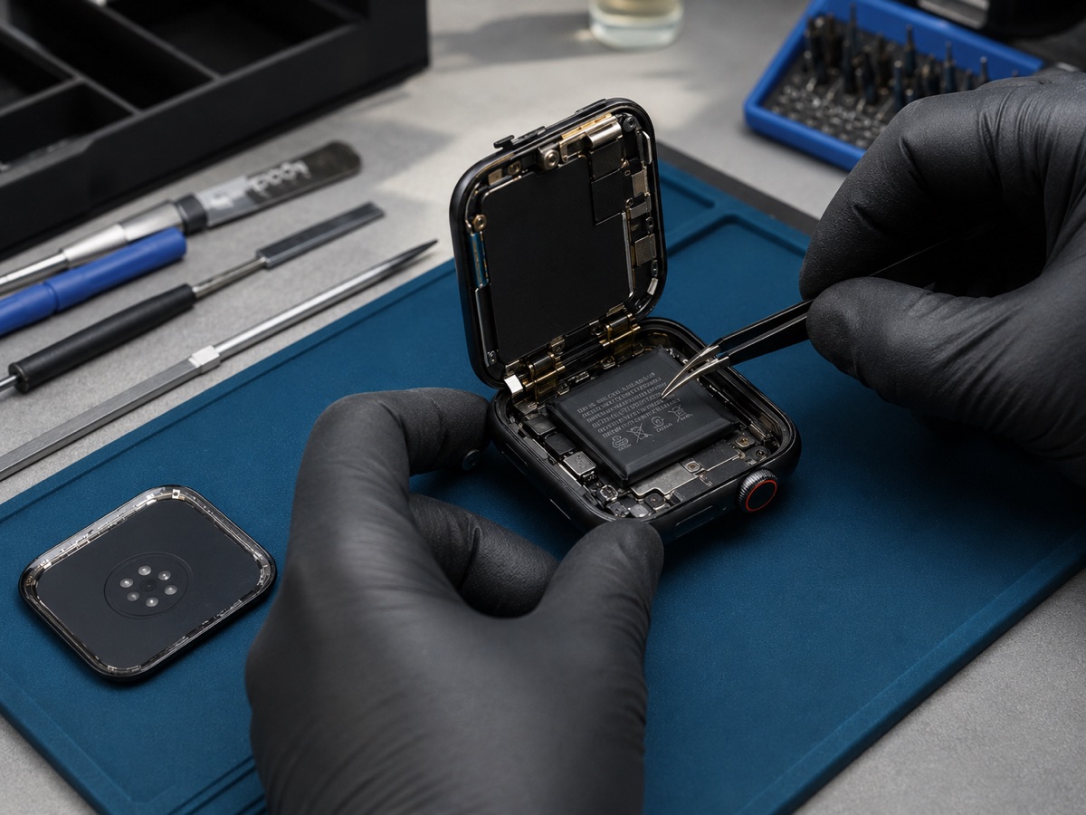 Geöffnete Apple Watch beim Akkutausch und bei der Reparatur des Rückseitenglases
