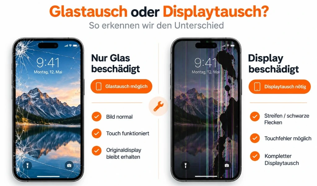 Infografik: Glastausch bei normalem Bild und funktionierendem Touch. Displaytausch bei Streifen, schwarzen Flecken oder Touchfehlern.