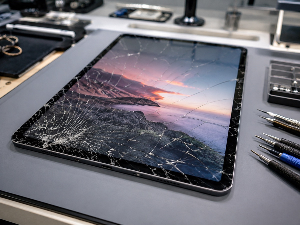 iPad mit beschädigtem Frontglas vor der Reparatur