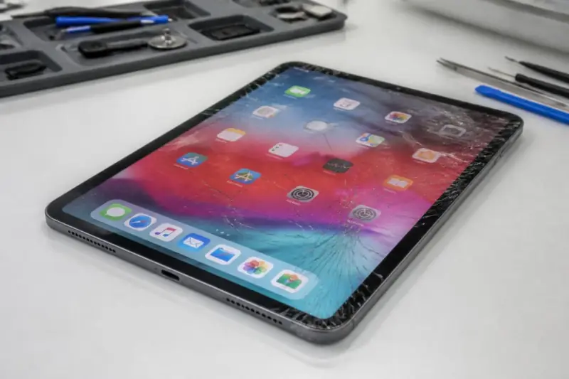 Beispiel: iPad mit gerissenem Frontglas, das Display zeigt weiterhin den Startbildschirm