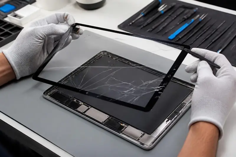 Beispiel: behandschuhte Hände lösen ein gesprungenes Frontglas von einem geöffneten iPad