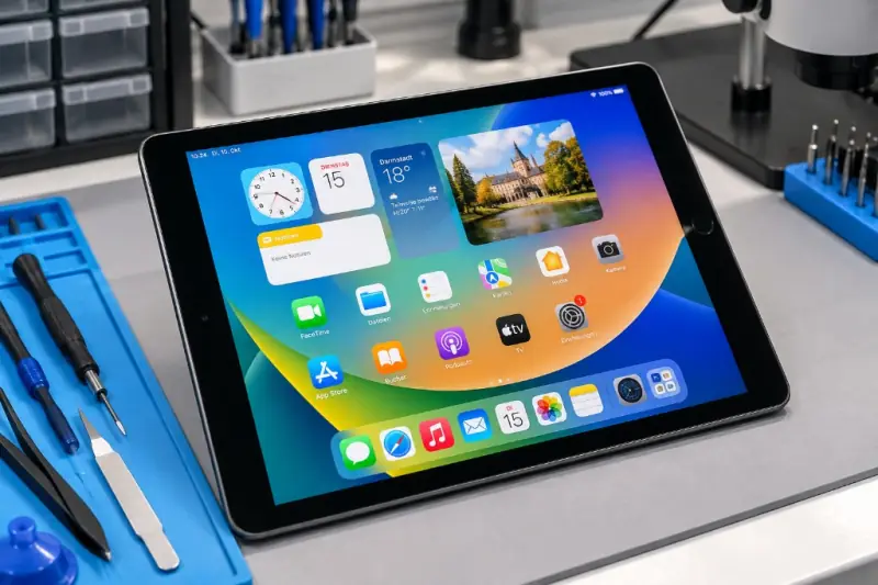Beispiel: iPad mit unversehrtem Frontglas und eingeschaltetem Display