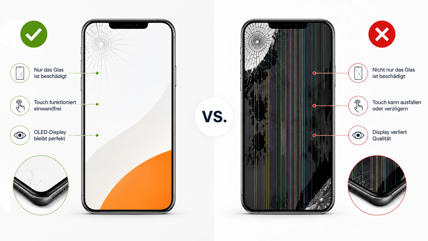 Unterschied zwischen beschädigtem Frontglas und defektem iPhone-Display